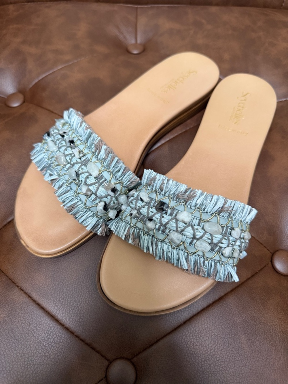 Seychelles Embellished Fringe Slide Sandals in Light Blue